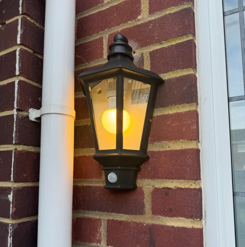 victorian outdoor PIR light installed on outdoors of house